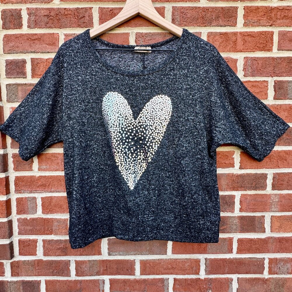 Knit Top Black Gray Embellised Silver Foil Heart Medium Lavish